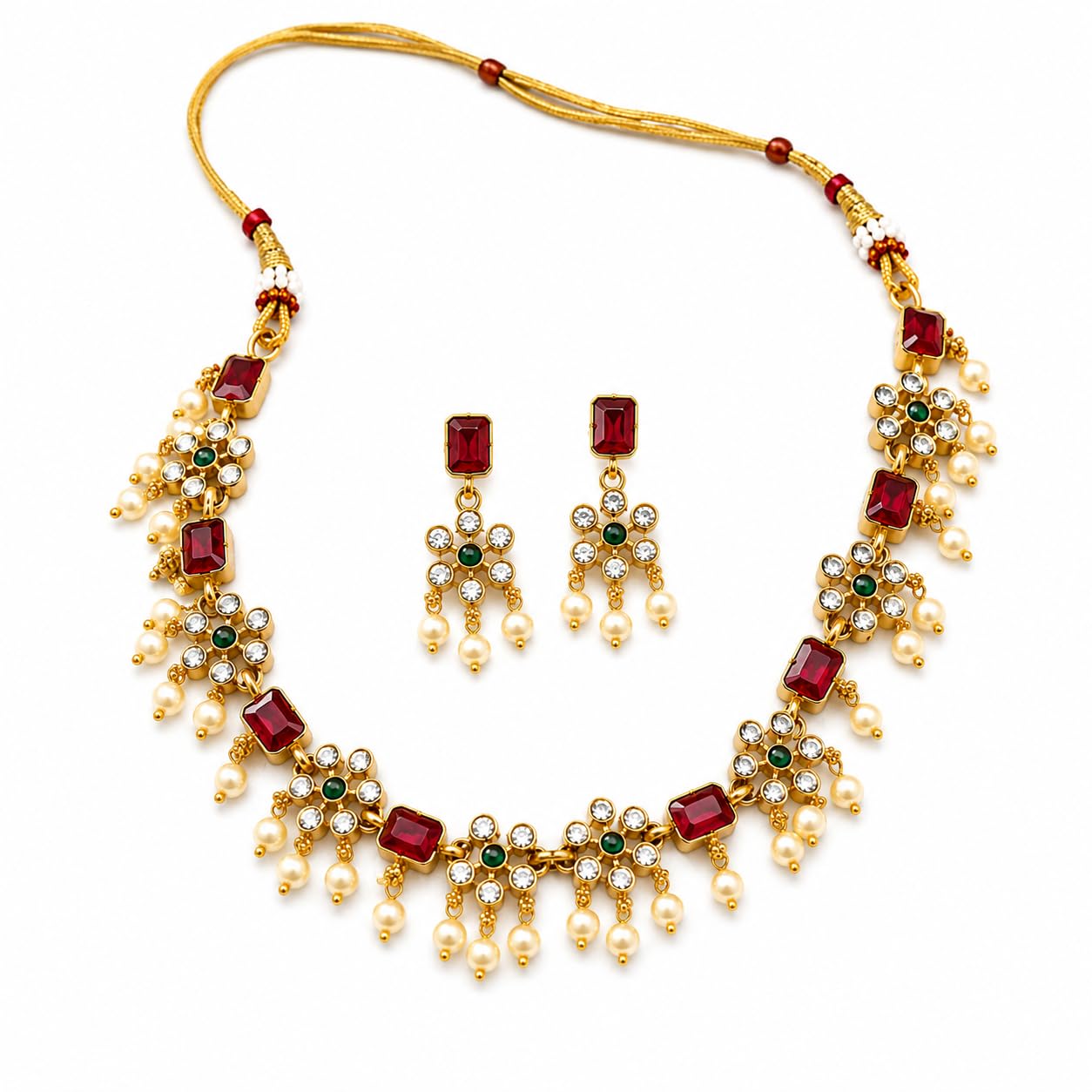 Gold Plated Kundan Choker Necklace Set for Women with Earrings | Traditional Ethnic Jewellery | Red Green Stone & Pearl-Like Beads-image-24