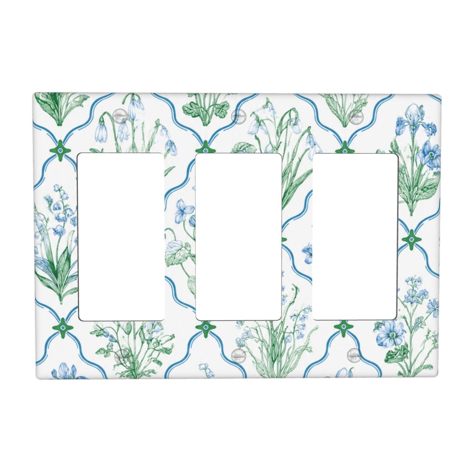 DWBGUO Decorative Outlet Covers Vintage Blue Green Botanical Wildflower Grid 3 Gang Wall Plate Triple Rocker Light Switch Covers Switch Plate Cover for Farmhouse Kitchen Decor
