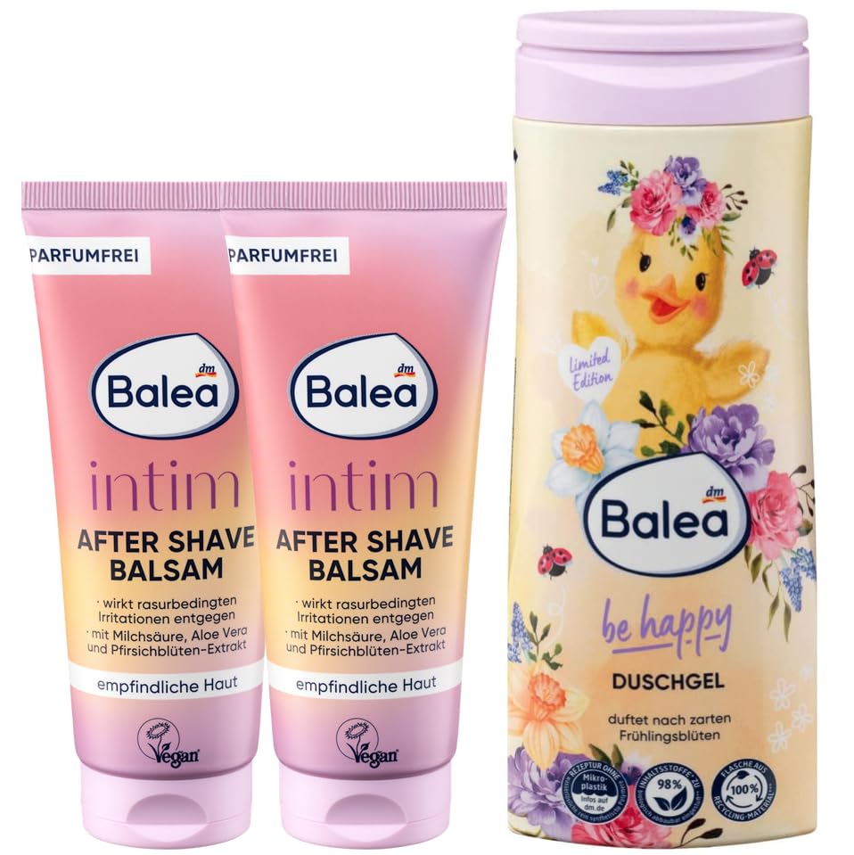 Balea 3er-Set Hauptpflege: After Shave Balsam Intim sanfte Pflege des äußeren Intimbereichs, wirkt rasurbedingten Irritationen entgegen, 2 x 100 ml + Duschgel Be Soft Cremedusche, 300 ml, (500 ml)