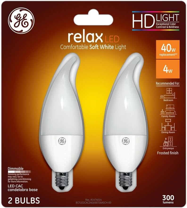 GE40W Equivalent Soft White (2700K) High Definition CA10 Bent Tip Frosted Candelabra Base Dimmable LED Light Bulb (2-Pack)