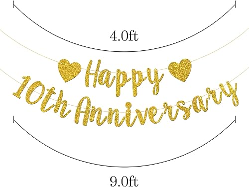 Miniatura 2 de Talorine Cartel de feliz décimo aniversario, aniversario de boda, 10º cumpleaños, decoración de fiesta de 10 años (purpurina dorada)
