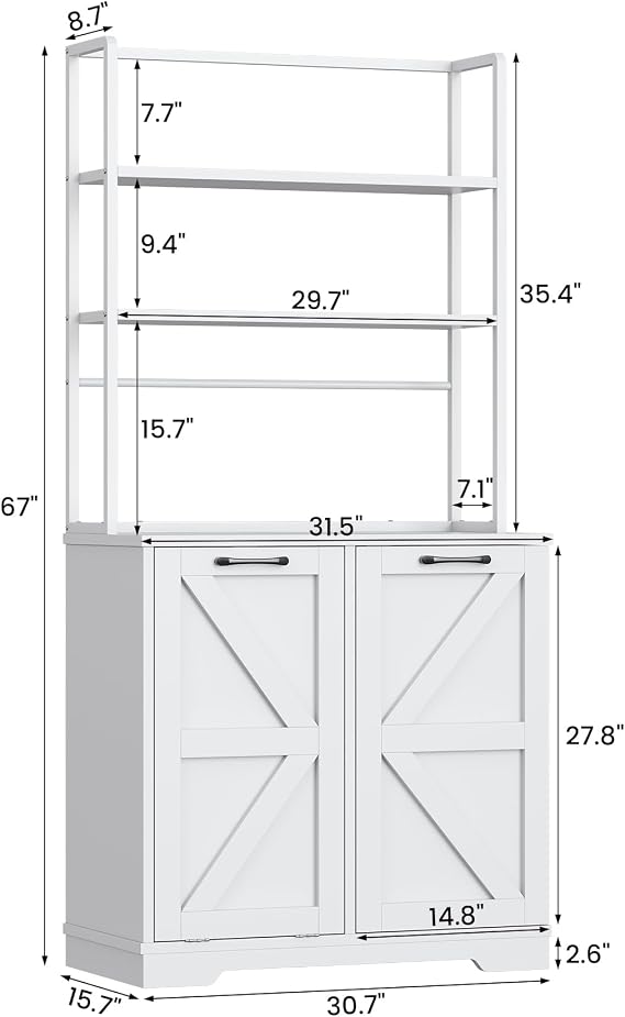 Kitchen Bakers Rack with Storage, 68'' Tall 6 Tier Farmhouse Pantry Cabinet with Trash Bin Cabinet, Microwave Stand Kitchen Cabinet with Hutch,White