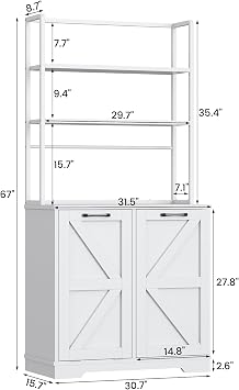 Kitchen Bakers Rack with Storage, 68'' Tall 6 Tier Farmhouse Pantry Cabinet with Trash Bin Cabinet, Microwave Stand Kitchen Cabinet with Hutch,White
