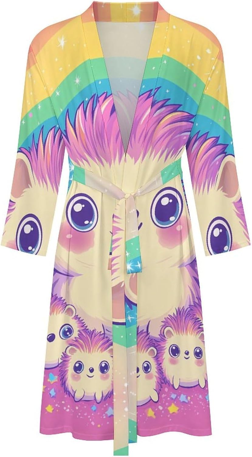 Cute Hedgehog Men's Robe Soft Bathrobe V Neck Loungewear Sleepwear Nightgown Dressing Gown