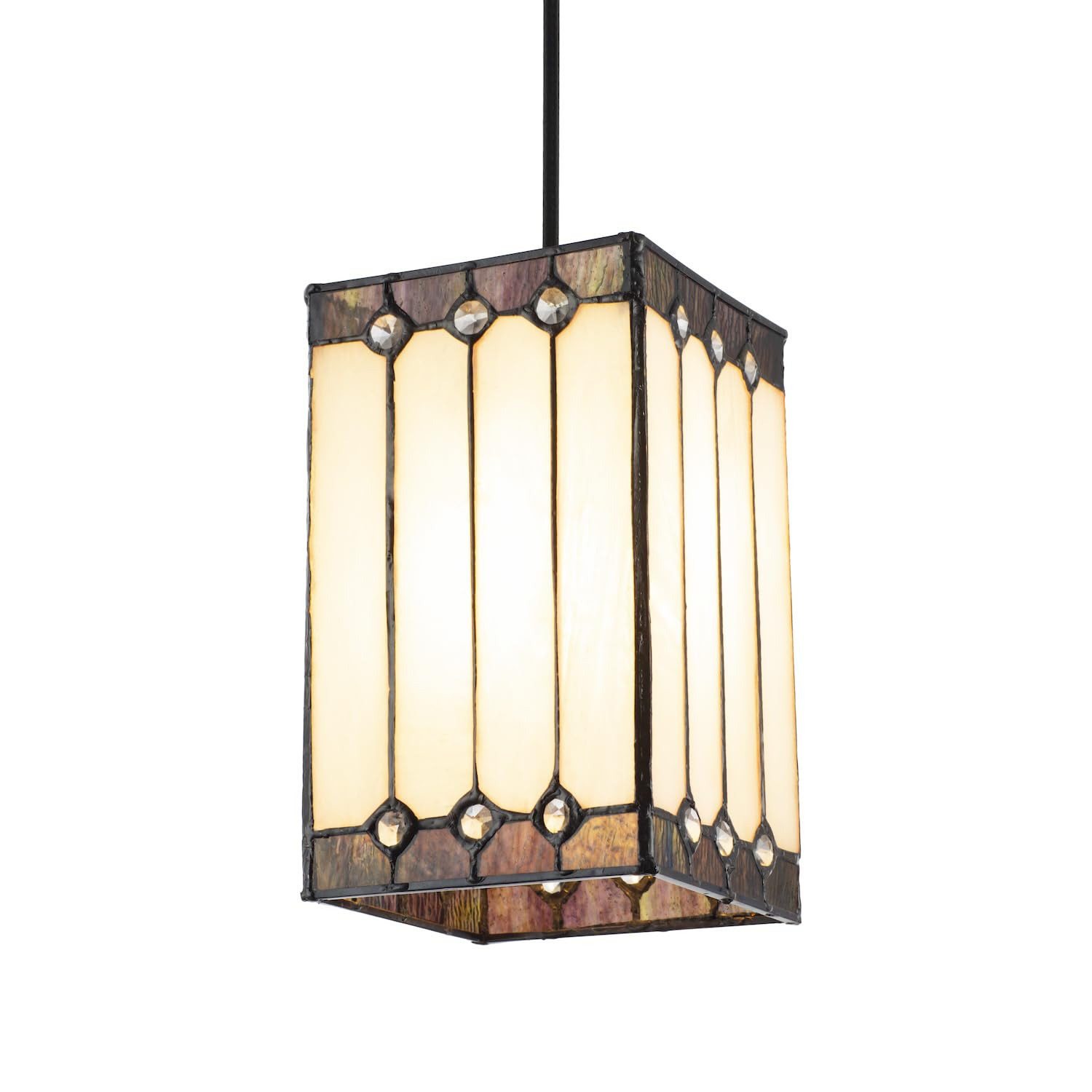 Square Lantern Opal White Stained Glass Tiffany Pendant Shade with Clear Bead...