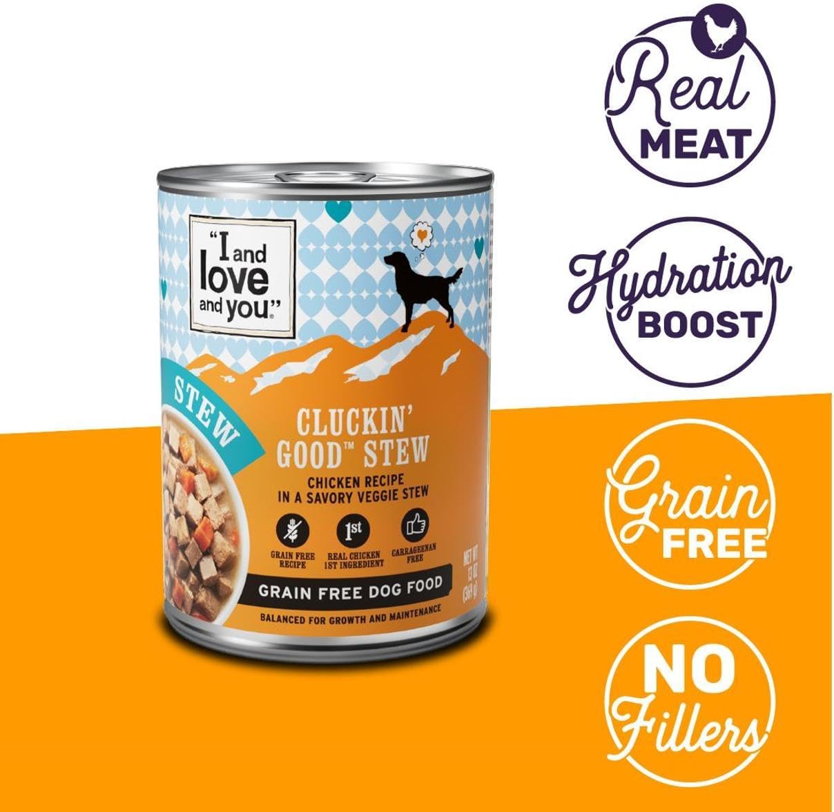 I and Love and You, Wet Dog Food - Cluckin Good Stew - Chicken Recipe, Grain Free, Filler Free 13oz can, 12pk
