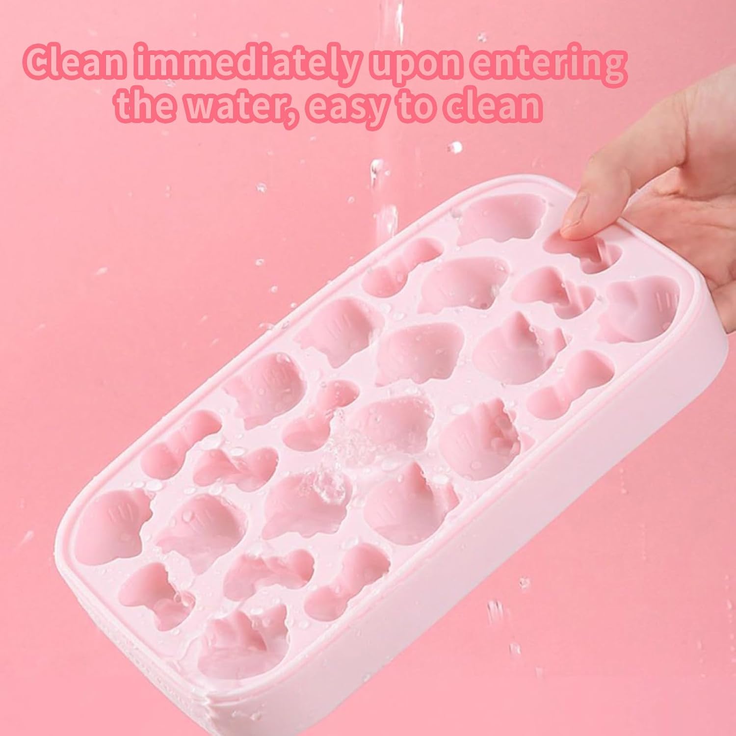 Ice Tray with Lid and Bin and Ice Scoop, Cartoon Silicone Ice Molds, 24 Holes Cute Cat Ice Cube Tray for Drinks, Coffee, Cocktail