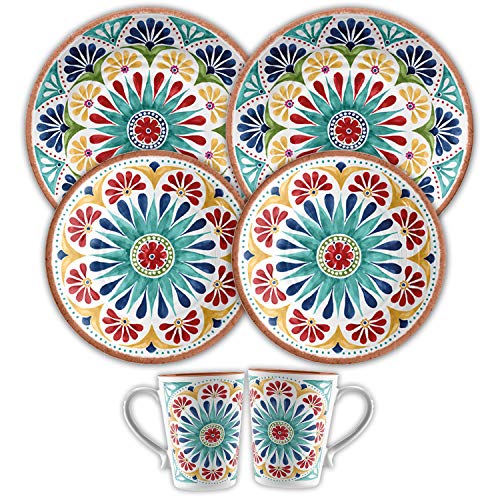 Purely Home Rio Medallion Outdoor/BBQ/Picnic - Plastic/Melamine Dinner & Side Plates & Mugs - Sets (6)