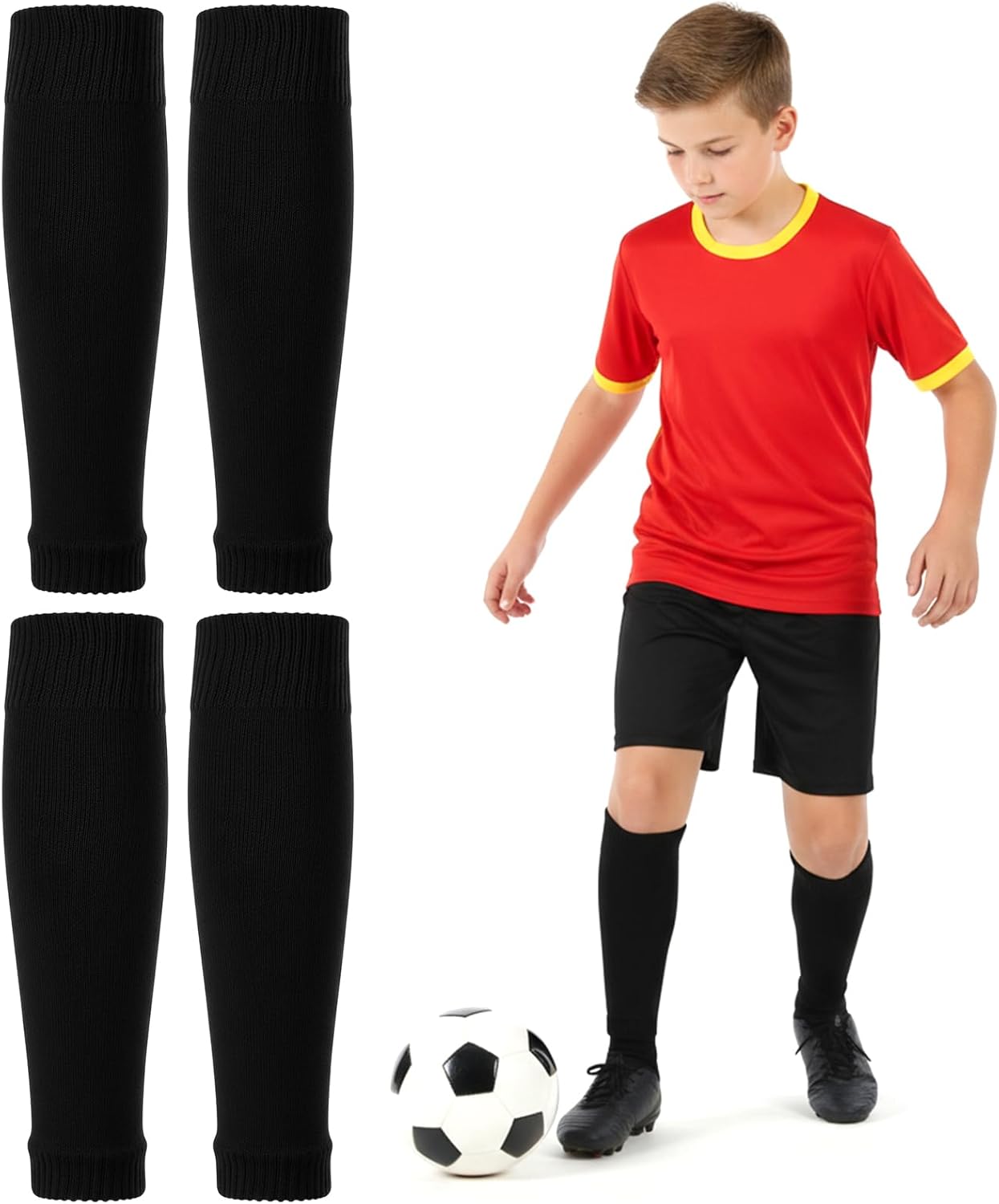 Ouligay 2 Pairs Kids Pre Cut Soccer Socks, Soccer Leg Sleeves Socks for Football Shin Guard Sleeves for Age 7-14 Youth Boys Children Football Basketball Training