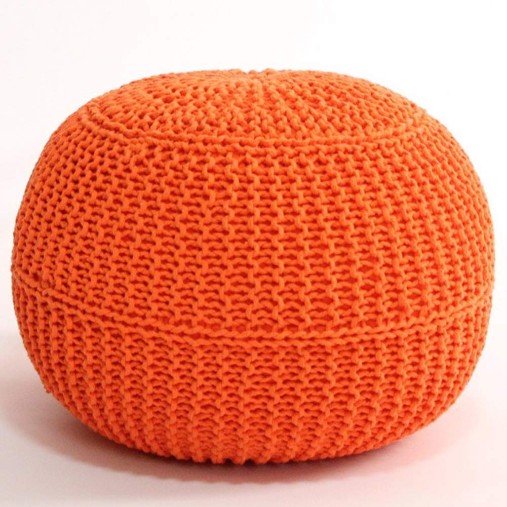 Pouf de salon haut de gamme en bois noble et similicuir orange capitonné