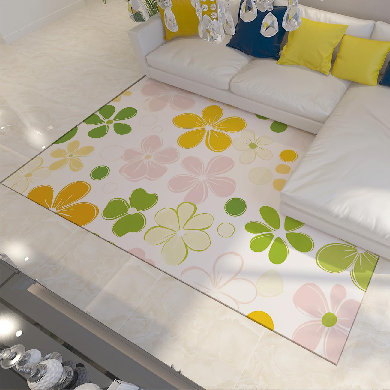 Tapis salon 180x270 cm lavable et antidérapant au motif moderne de marguerite