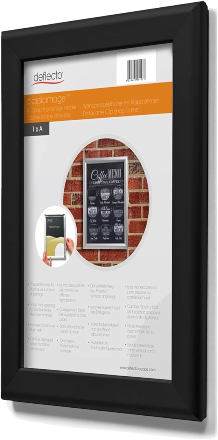 Deflecto A3 Snap Frame - Elegant Black Aluminium Clip Frame for Wall Display - Certificate and Poster Holder with Convenient Front Opening Clips - Stylish Photo Hanger for Home and Office