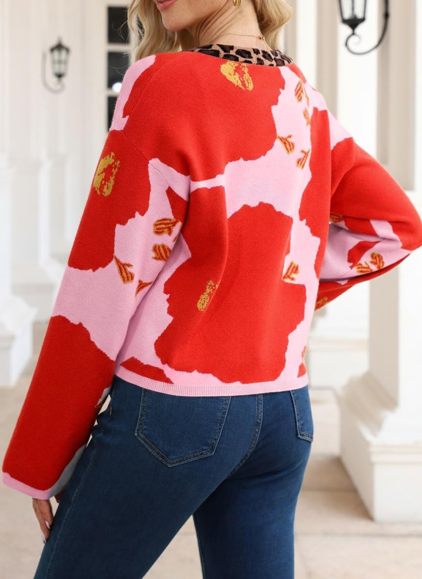 Floral Cardigan Sweater Women's Long Sleeve Leopard Open Front Knit Jacket Button Down Fall Casual Outwear - Image 3
