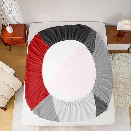 Miniatura 5 de Erosebridal Juego de sábanas geométricas de retazos de bolsillo profundo para niños y niñas, juego de ropa de cama con estampado triangular simple,