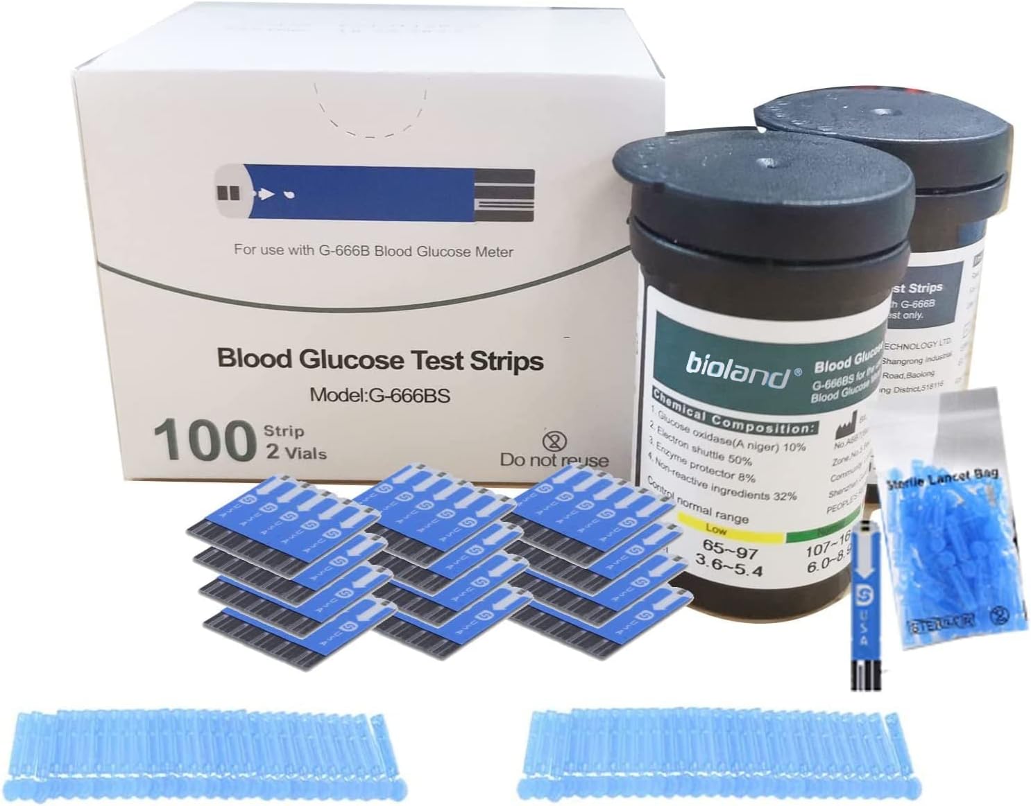 Blood Glucose Test Strips Kit，100 Test Strips and 100 Lancets for G425