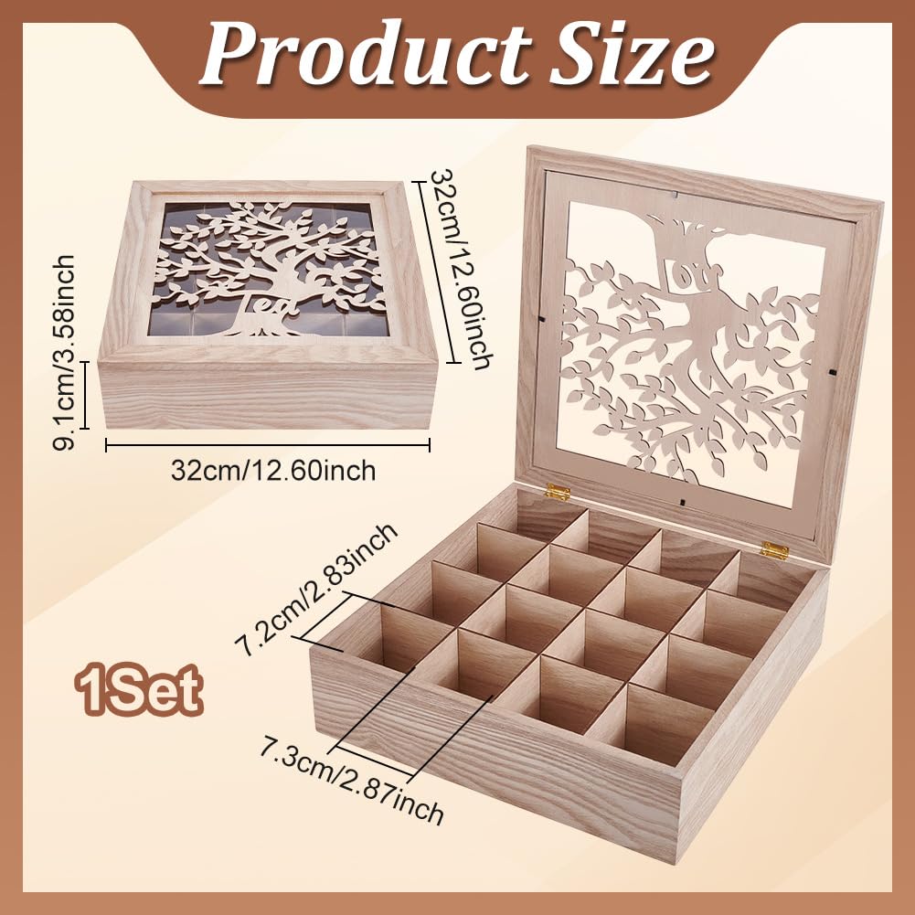 UNICRAFTALE Boîte à thé en bois brun clair avec 16 compartiments - Arbre de vie creux - Organisateur de sachets de thé pour comptoir, cuisine, garde-manger - 32 x 32 x 9,1 cm