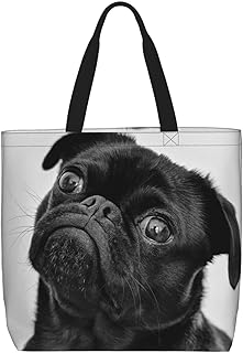 [RFSHOP] かわいい黒パグ犬プリント女性トートバッグ大容量ショッピングバッグファッションビーチバッグ仕事旅行用、ブラック、フリーサイズ