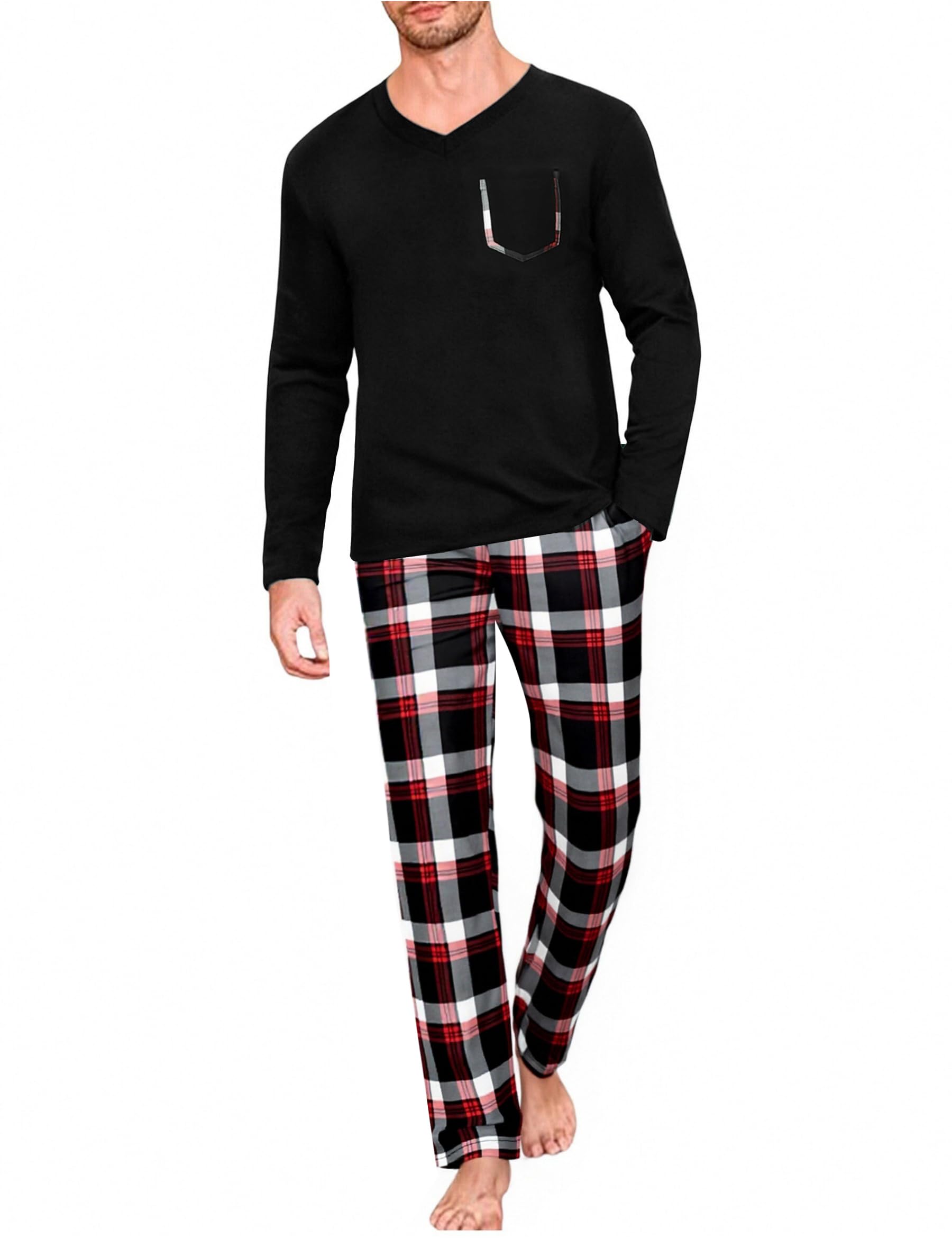 Uniexcosm Schlafanzug Herren Lang Baumwolle mit V-Ausschnitt | zweiteilig Herbst Winter Pyjama Set Langarmshirt Karohose Brusttasche und Taschen für Schlafen und Freizeit
