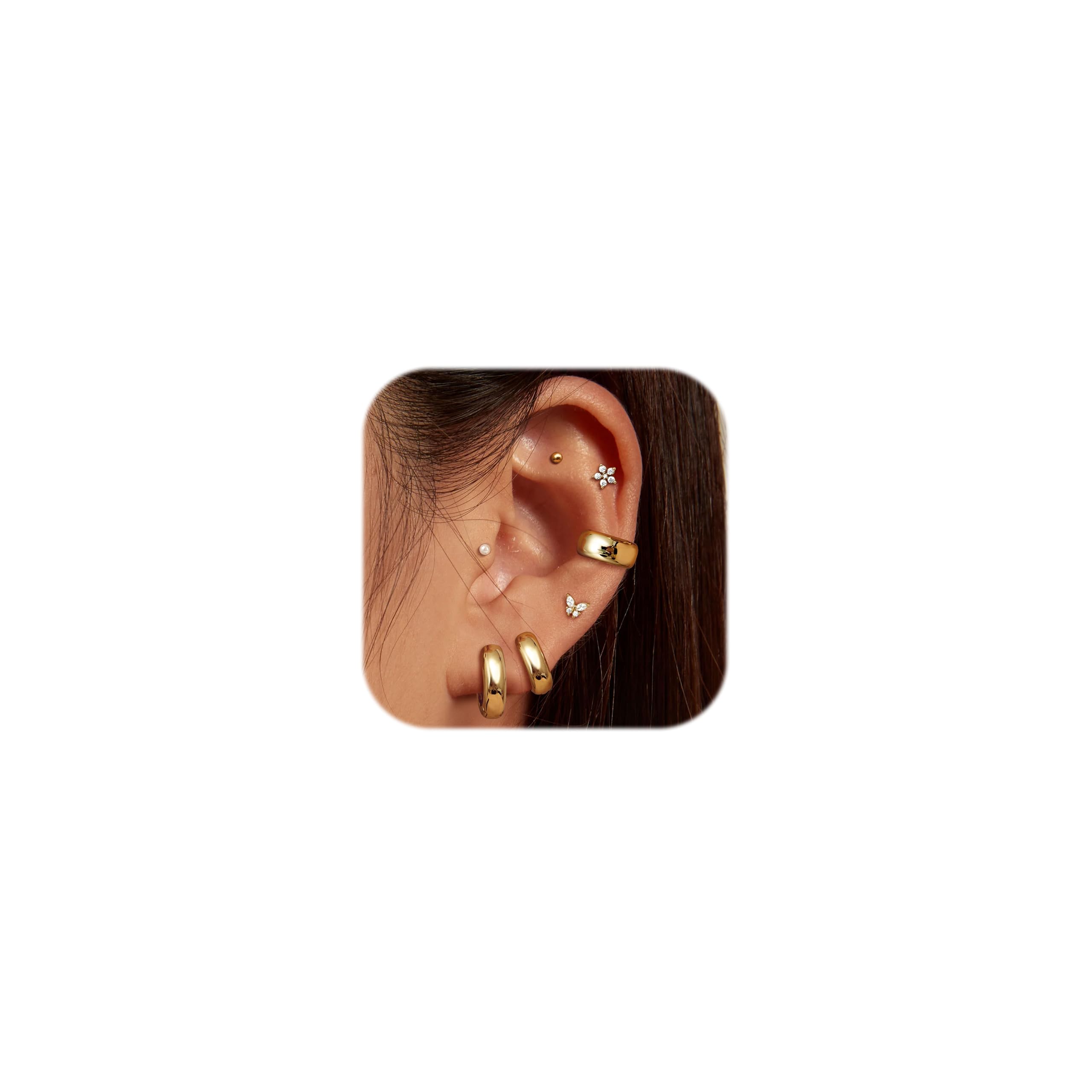 Dochais 7 par hipoalergicznych kolczyków z 14-karatowym złotem dla kobiet, stal chirurgiczna 316l, płaskie plecy, do wielokrotnego piercingu, biżuteria prezent, złoto i srebro