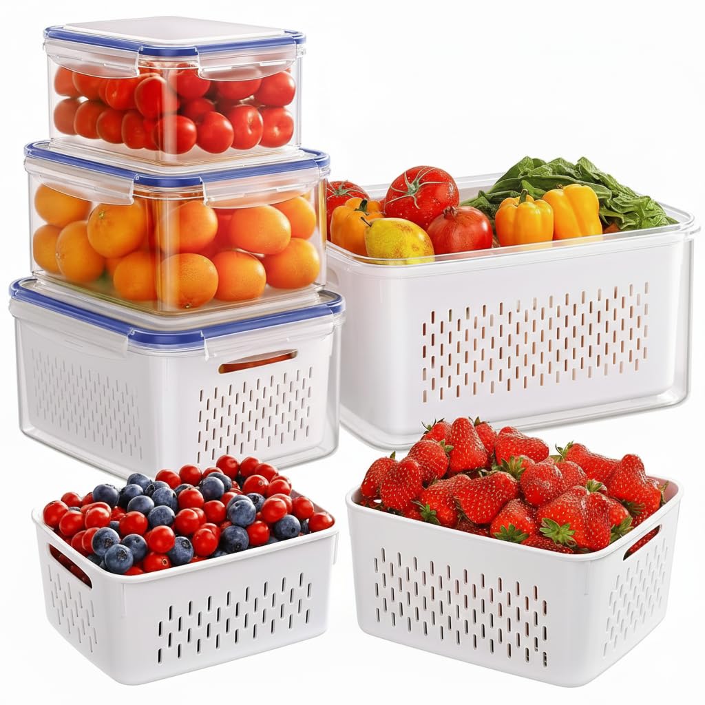 Fresh Food Storage Containers for Fridge - 3 Pack Fridge Storage Container with Drain Baskets - 4 In 1 Airtight Vegetable Storage Container for Salad Fruit Vegetables Meat Keeper Fresh (Blue)