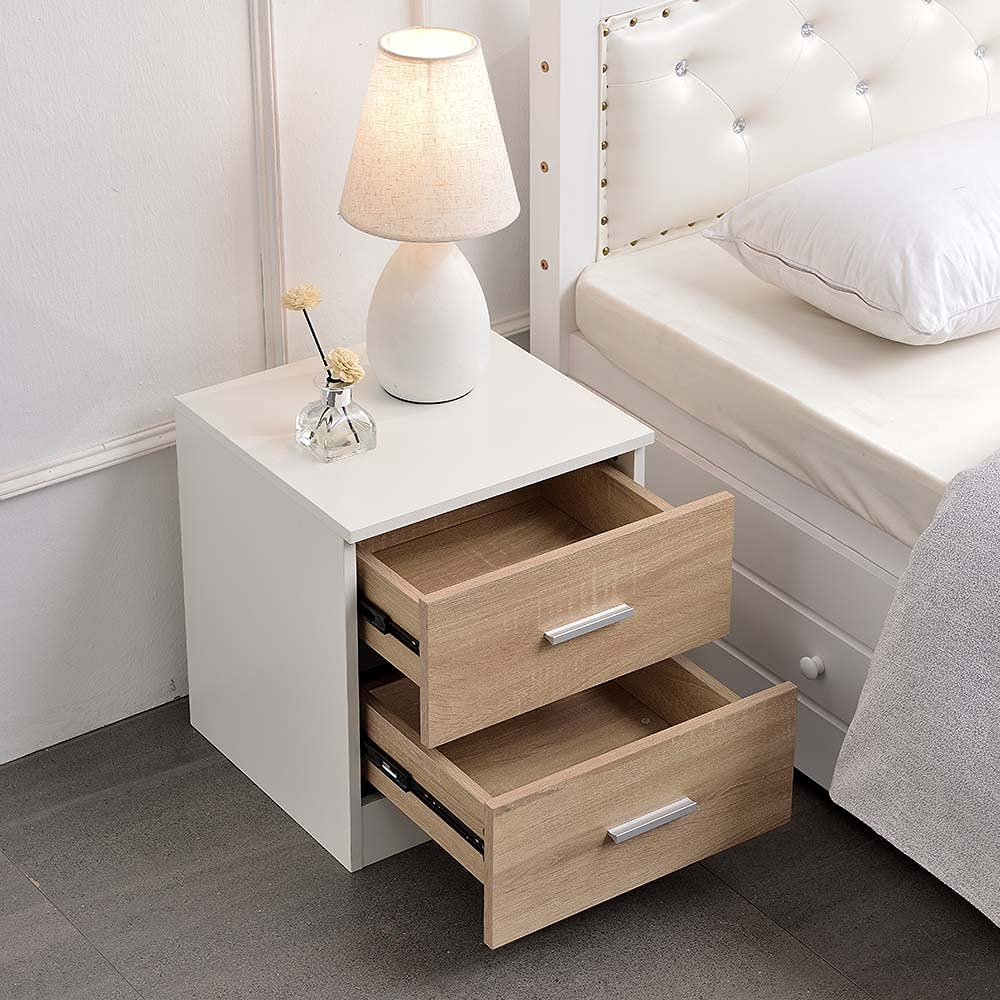BAKAJI Mesita de Noche para Dormitorio, Armario con 2 cajones, asa de Metal, diseño Moderno, de Madera MDF, Mueble para el hogar, tamaño 44 x 40 x 38 cm, Color Blanco y Roble (2 cajones)