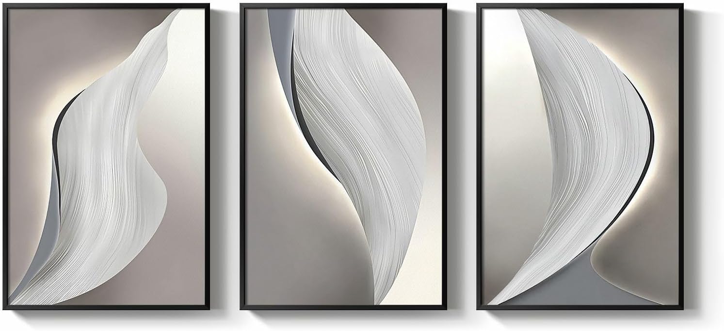 Framed Modern Gray Abstract Wall Art for Living Room, Large 3 Piece Black and White Canvas Painting Prints, Beige Picture Artworks for Dining Room Bedroom Hallway Home Office Wall Decor, 24x36 Inch