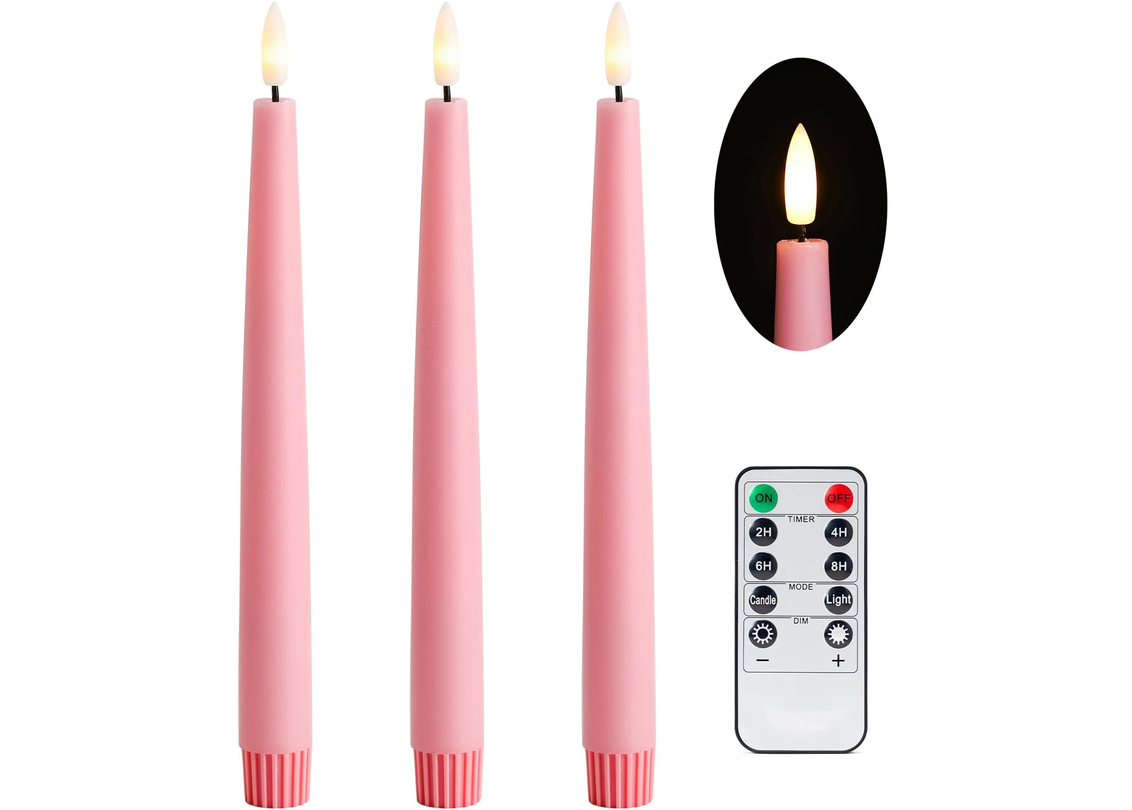 Stmarry Pink Flameless Taper Candles with Remote and Timer, 9.65 Inch Real Wax LED Candlesticks, Dripless Battery Operated Tall Candles with 3D Flickering Flame, 3 Pack