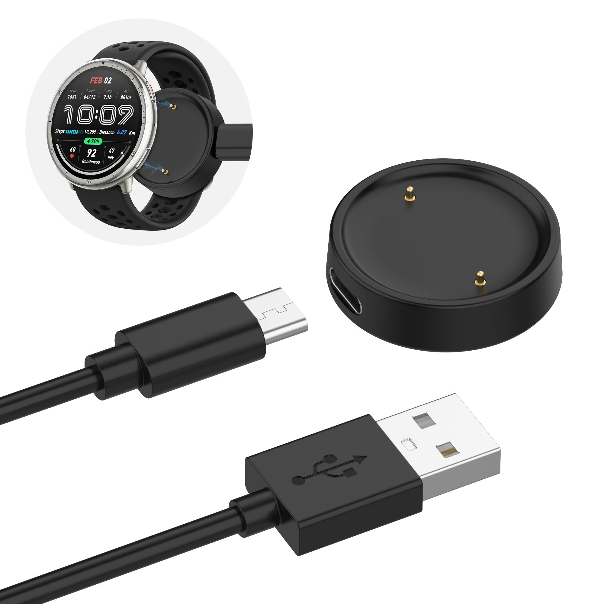 Cargador USB C compatible con Amazfit Active 2 / Amazfit Bip 6 100 cm Cable de carga de repuesto para estación de carga Amazfit Active2, bip6 - Negro