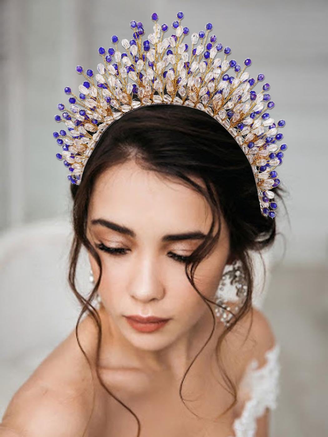 IYOU Halo Wedding Headband Crystal Blue Hair Bands Crown Beads Party Bridal Hair Accessories for Women - Image 2