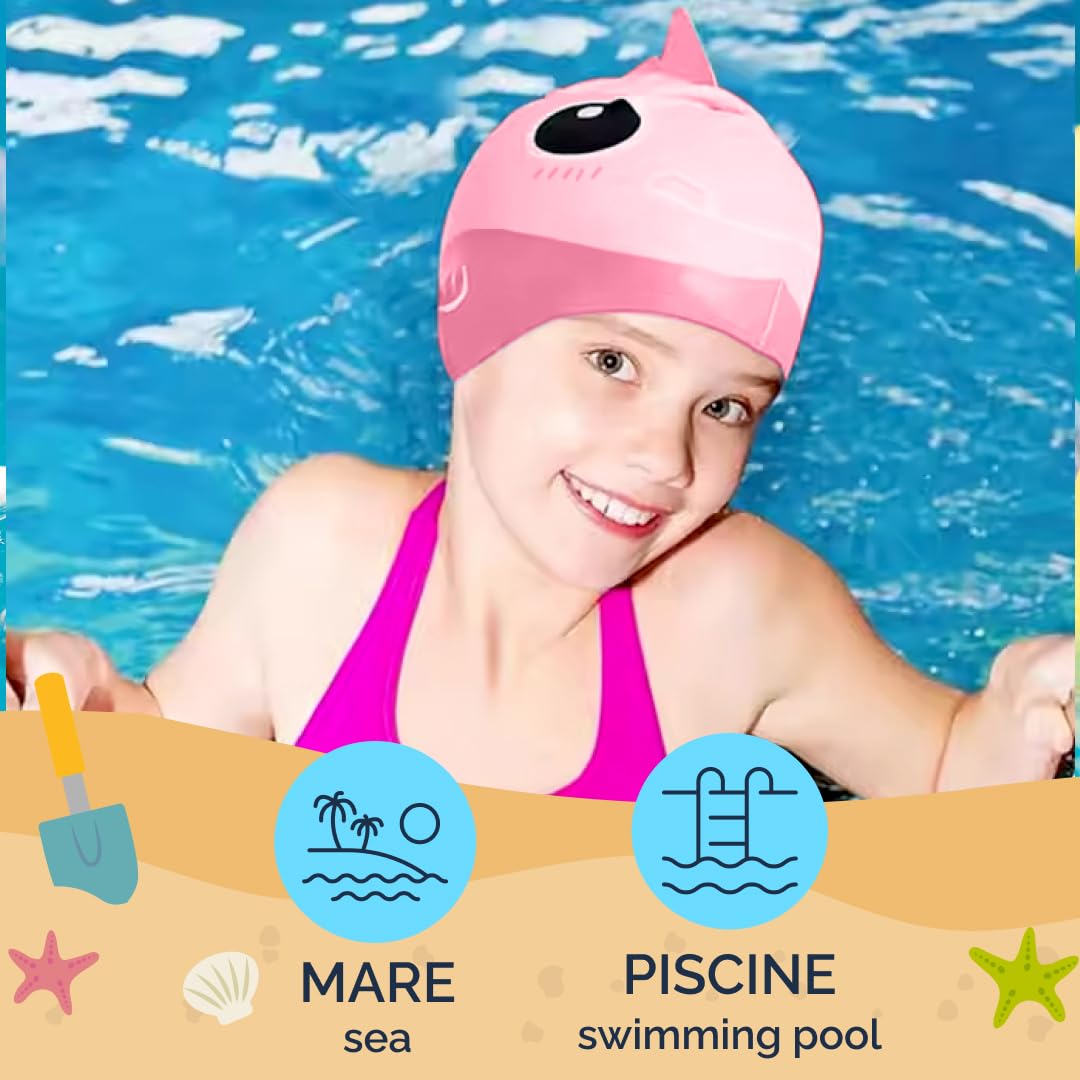 kina - Cuffia da Nuoto Bambini per Piscina, in Silicone, Ipoallergenica, Elastica e Soffice al tatto per Capelli corti e lunghi