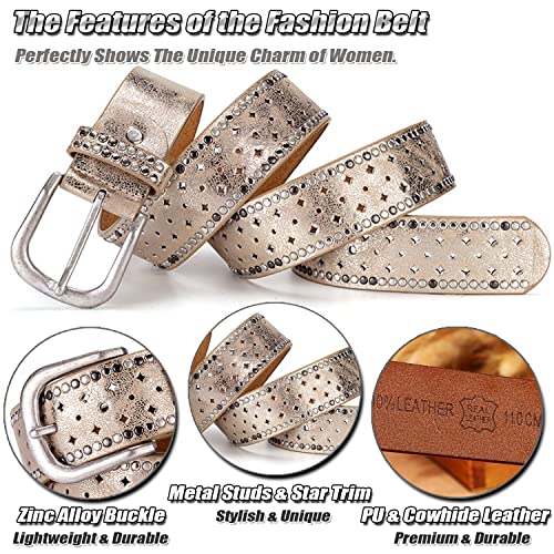 Ladies Fashion Waist Belt with Rivets Trim, Cowhide & PU Leather Belt for Women, Shiny Studded Belt for Jeans Shorts4