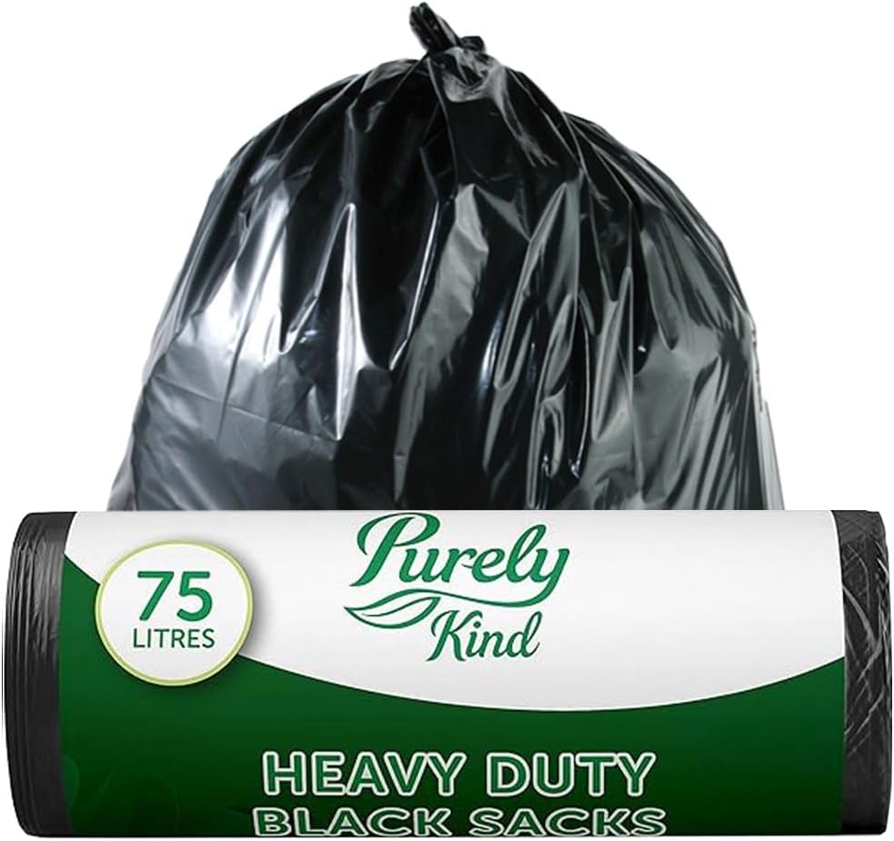 Blake & White Purely Kind Black Sacks 75L - Ultra Durable & Eco Friendly Recyclable Bin Bags - Heavy Duty Bin Liners for Household, Office, and Kitchen - Roll of 30