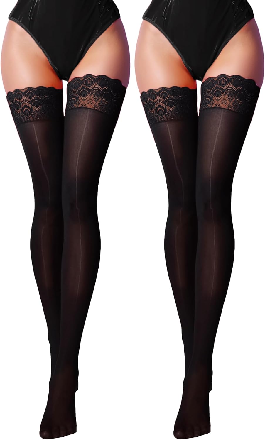 FEOYA Women Sheer Lace Thigh High Stockings Silky lingerie Pantyhose with Stay Up Silicone Lace Top Shiny Socks 2 Pairs