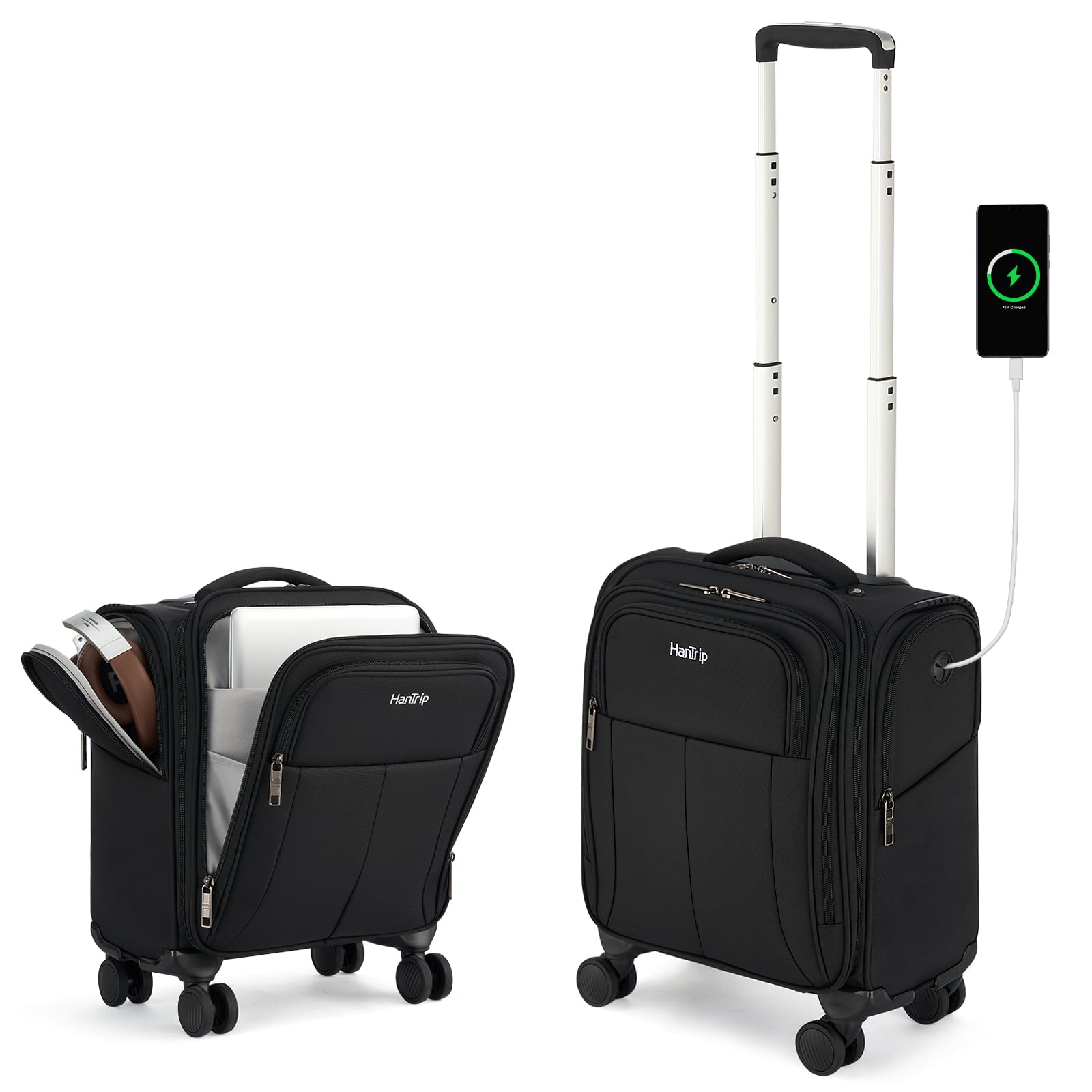 HanTrip 16 Inch Underseat Carry On Luggage with Wheels Softside Small Suitcases Personal Item Bag with Pocket Travel Luggage for Men Women Business Overnight Bag (Black)