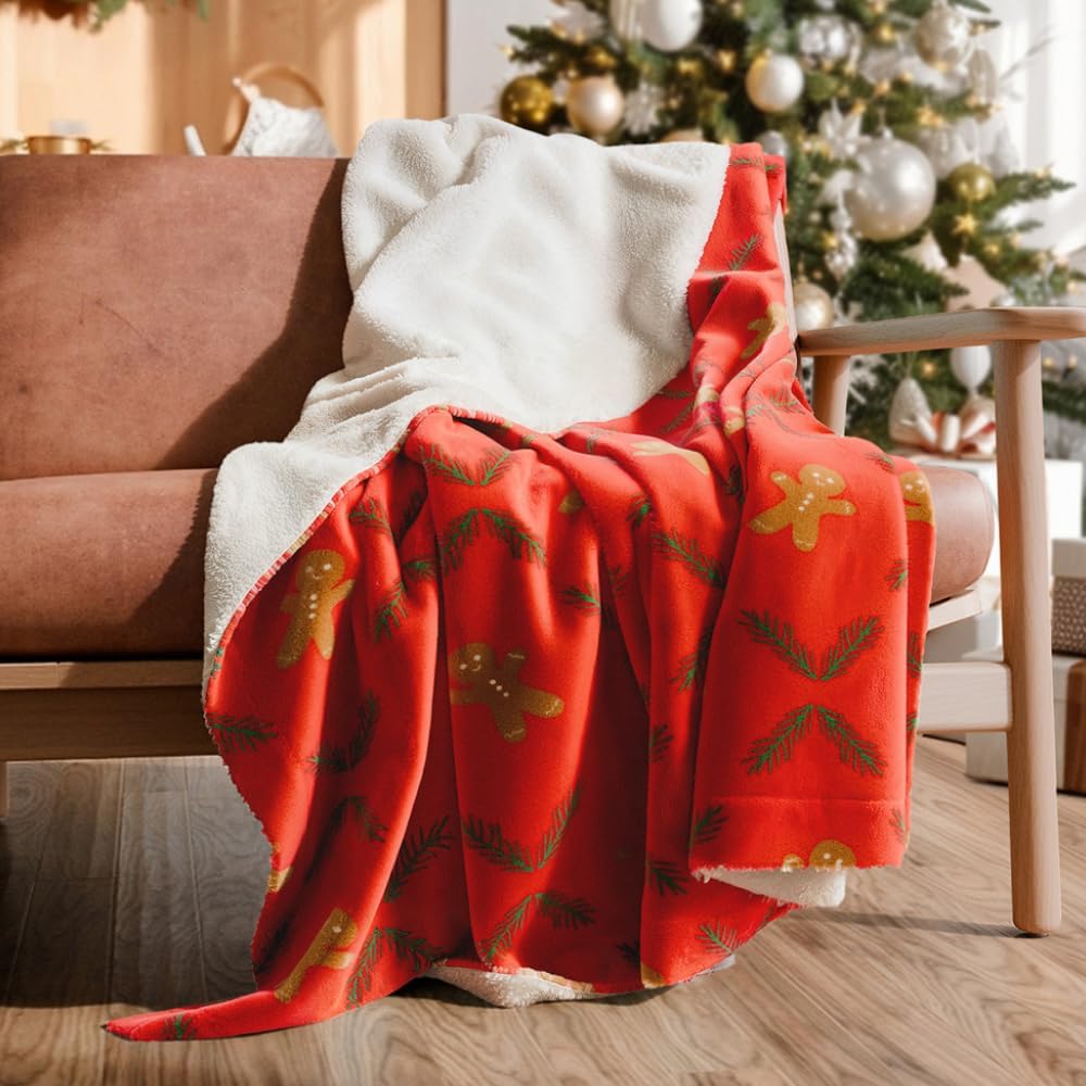 Christmas Sherpa Blanket Throw Size - Reversible Sherpa Fleece Blanket - Super Soft Double Sided Throw for Bed, Sofa, Couch - Thick, Warm, Cozy & Plush - Xmas Winter Bedding - Gingerbread Man, 50x60 - Image 4