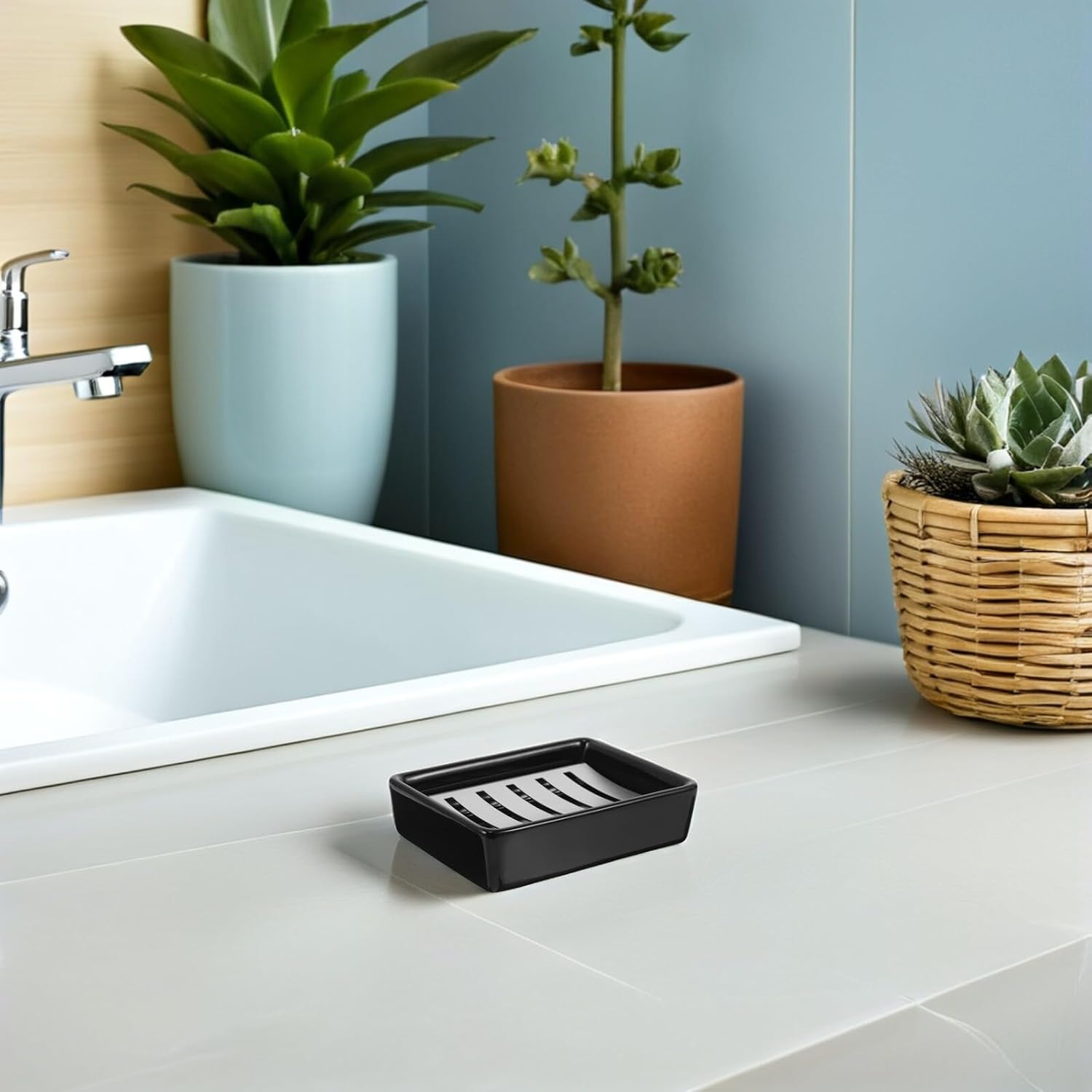 Ceramic Soap Holder and 304 Stainless Steel Double Layer Drain Tray, Rectangular Bathroom Countertop Soap Dish Matte Silver Frame and Black Ceramic Base for Shower Sink