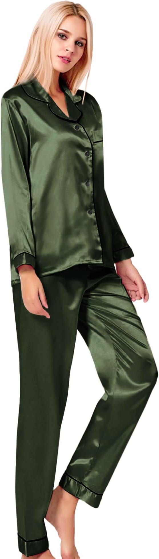 SWOMOG Womens Silk Satin Pajamas Set Long Sleeve Button Down Sleepwear 2 Piece Lounge Set Pj Set XS-3XL