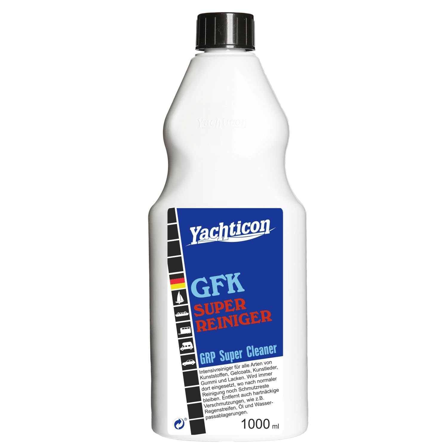 YACHTICON GFK Superreiniger – kraftvoller Allzweck-Reiniger für GFK, Kunststoff, Gelcoat & Lackflächen; entfernt Regenstreifen, Öl, Teer und Wasserpass-Schmutz – gebrauchsfertig