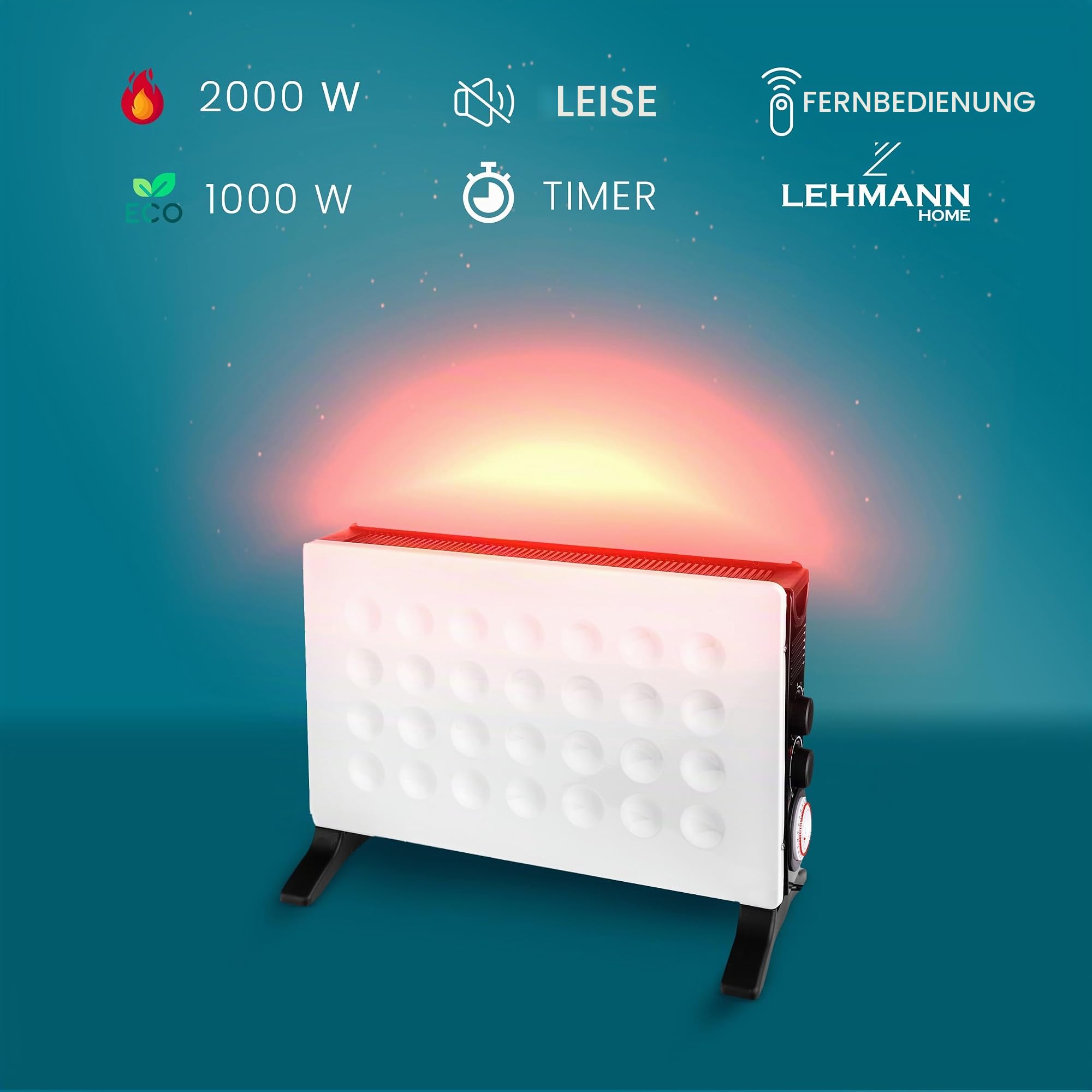 LEHMANN Konvektor Heizung elektrisch 2000 W, Heizkörper mit Thermostat und 3 Heizstufen 750/1250/2000 Watt, Mobil Konvektorheizung mit Überhitzungsschutz, Elektroheizung Energiesparend