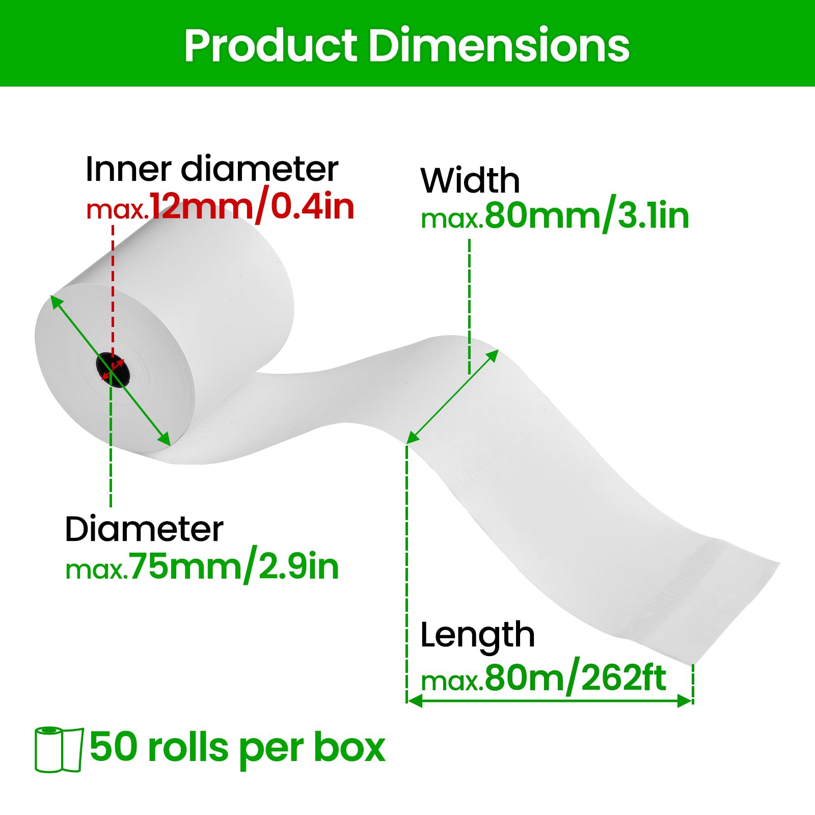 50 rotoli di carta termica per contanti, 80 mm, 80 mm x 80 m x 12 mm, compatibile con la maggior parte delle calcolatrici e registratori di cassa, rotoli di carta di ricambio