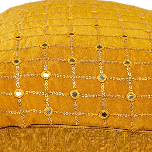 Image of Mustard Decorative Cushion Cover 20x20 inches Set of 2, Gold Sofa Pillow Covers, Silk Embroidered Cushion Covers with Mirror Work