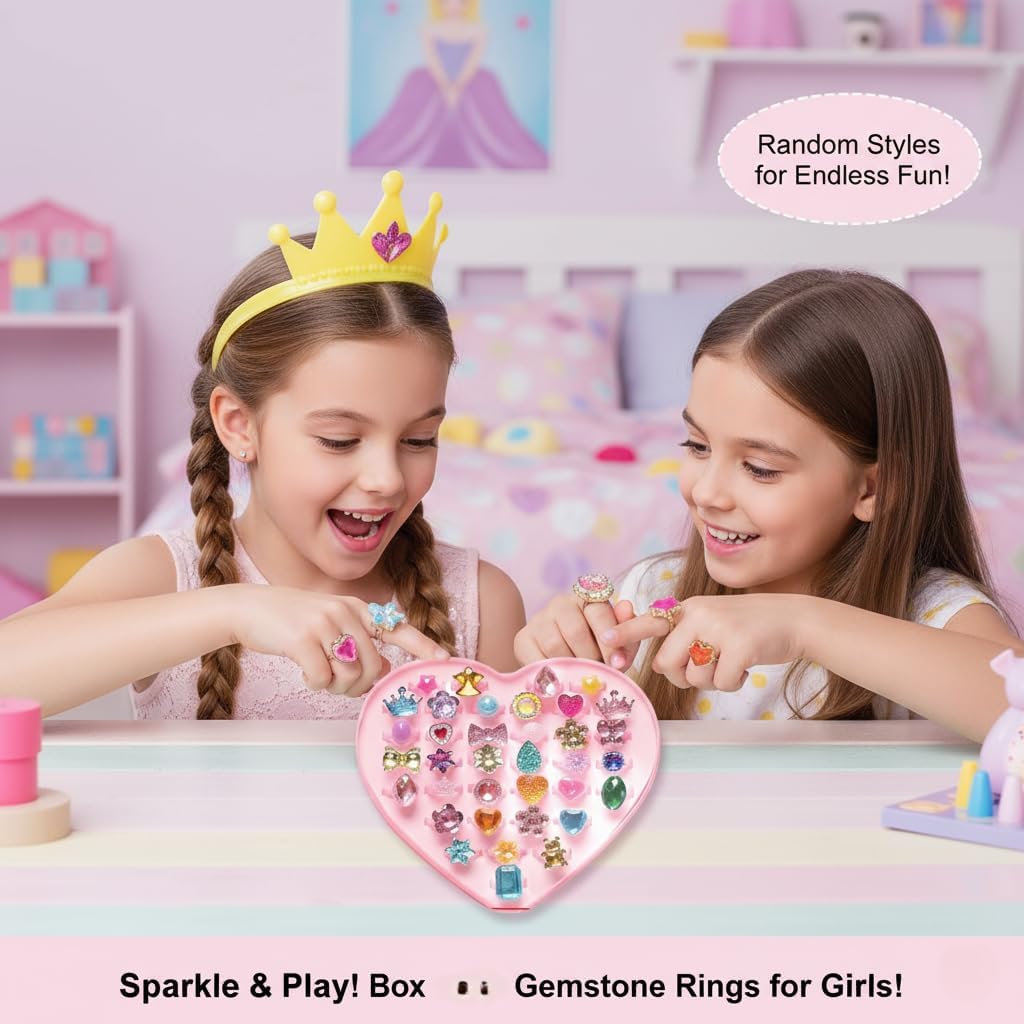 Pink Princess Ear Clips and Rings Set for Kids | 4 Pairs Earrings + 8 Rings | Cartoon Style Girls Jewelry in Heart Box | No Piercing Required Ring Combo Kit for Costume Jewelry Surprise Gift
