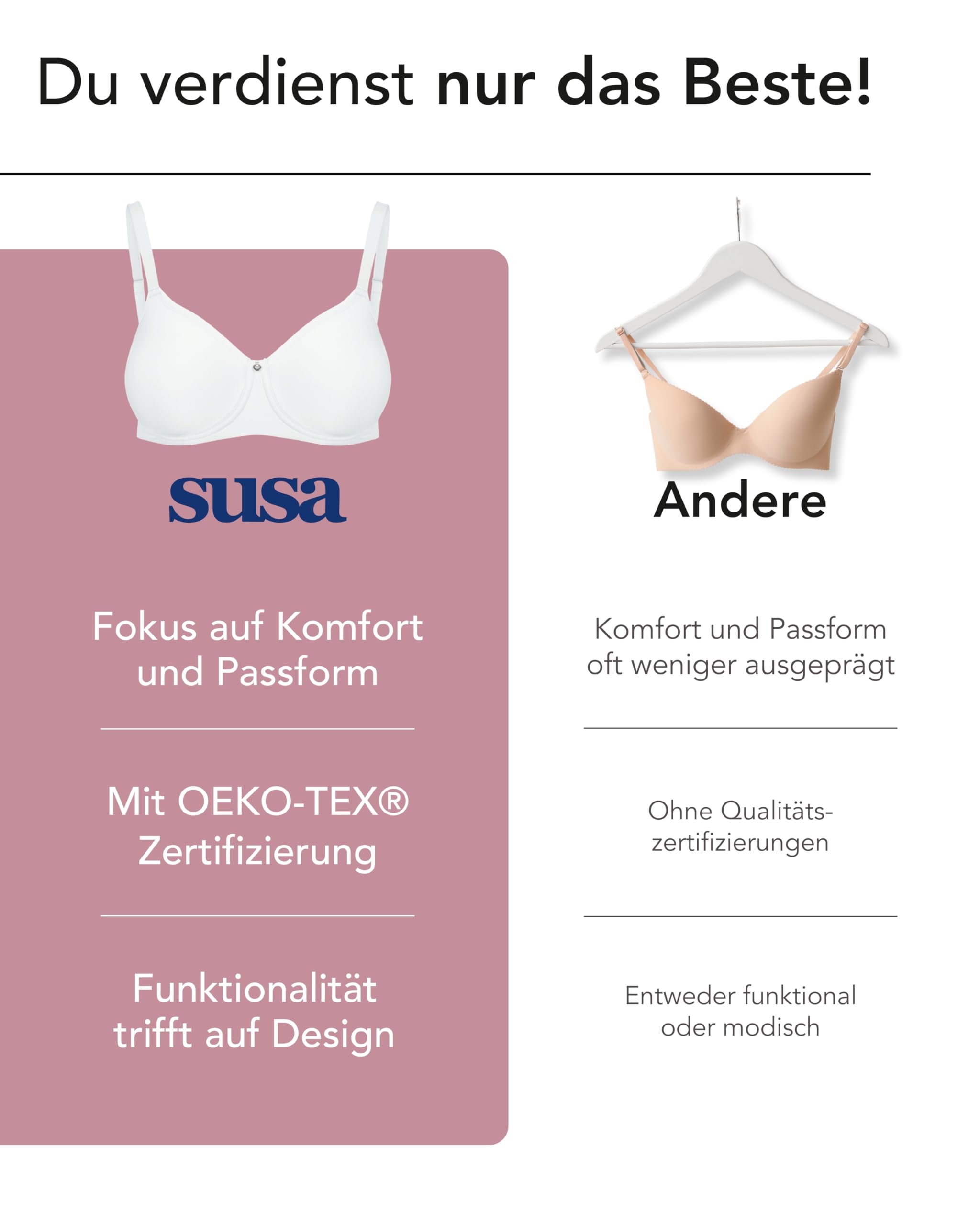 Susa BH Damen mit Bügel - Catania 7869 - Größen A-F - Spacer-BH mit Unterbrustband - Gemoldete Cups mit verstellbaren Trägern - Seamless - Bequemer T-Shirt-BH
