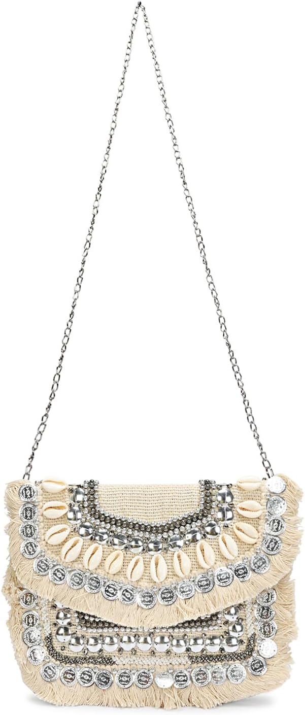 LONGING TO BUY Woven Clutch with Shell and Coin Embellishments, Chain Strap Crossbody Bag For Women