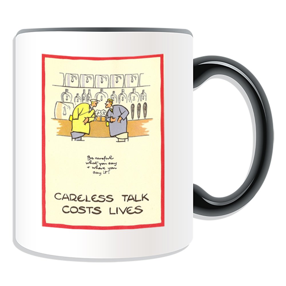 Unigift Black Personalised Gift - Careless Talk Costs Lives - Pub / Bar Mug (War Poster Design Theme, Colour Options) - Any Name / Message On Your Unique - Britain Britons First 1St Second 2Nd World Ww1 Ww2 Recruitment Enlist Victory Army Military Soldier Spy Secret Adolf Hitler Be Careful What You Say & Where You Say It