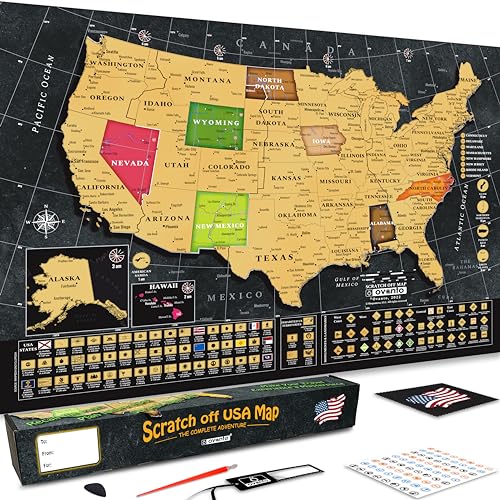 OVANTO El exclusivo mapa de viaje para rascar de 17 x 24 pulgadas está diseñado desde cero para personas que requieren más. El único mapa de Estados Unidos con lámina para rascar súper fácil y