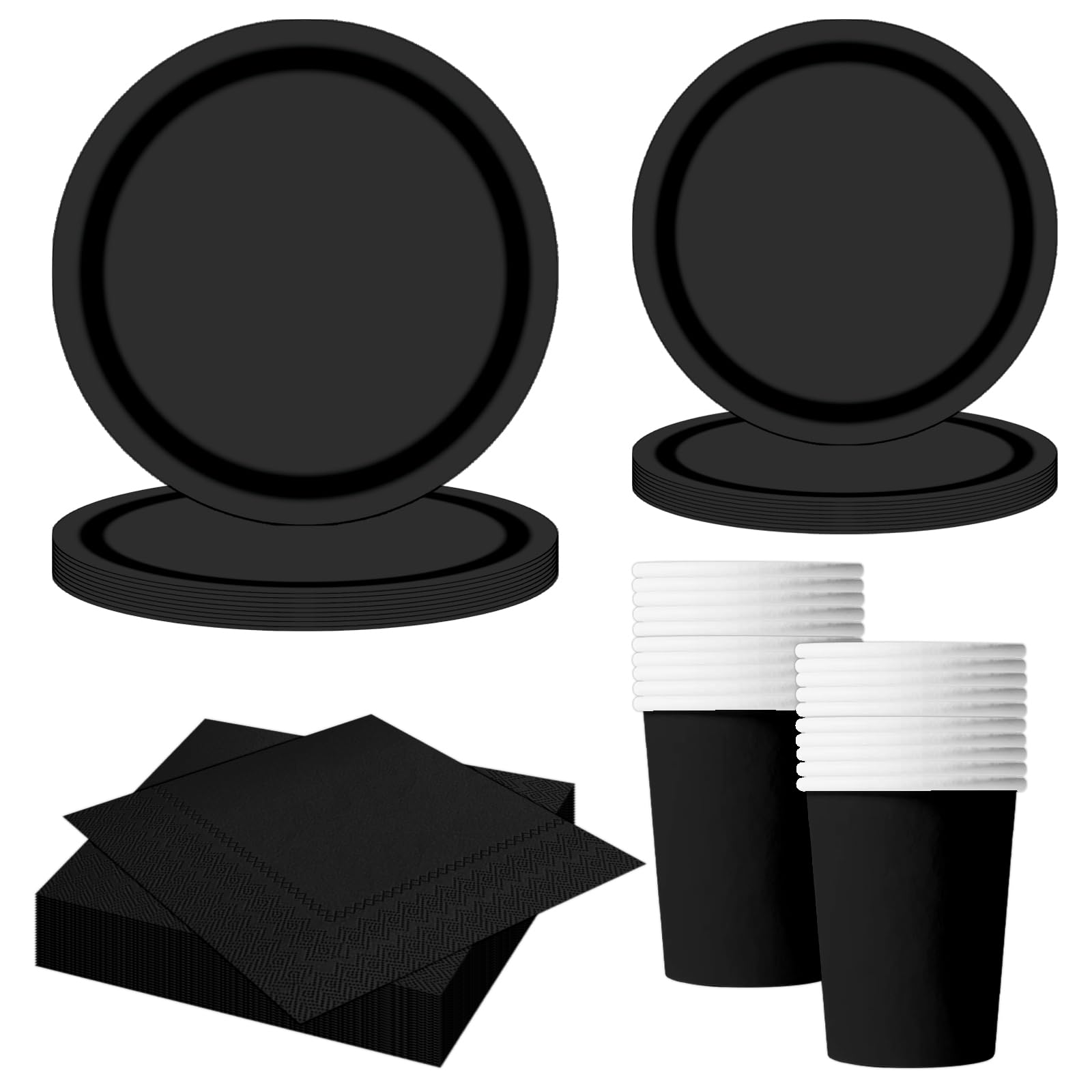 68-teiliges Schwarz Pappgeschirr Set, Schwarz Pappteller Pappbecher Servietten, Deko Partygeschirr für Geburtstag, Halloween, Silvester, Abschlussfeier, Party Supplies