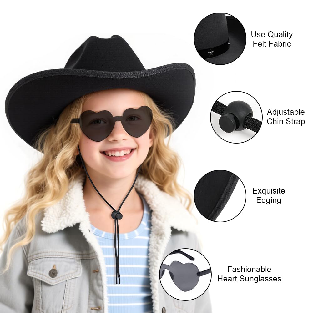 AUYAO Child Cowboy Hat Cowboy Western Hat Wide Brim Western Cowgirl Hat with Paisley Bandanna Heart Sunglasses Cowboy Ranger Sheriff Fancy Dress Costume Accessory for Halloween World Book Day(Black) - Image 3