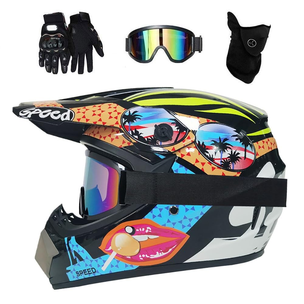 Unisex Sport Estremi Casco da Motocross, Ragazzi Bambini Integrale MTB Fuori Strada ATV Scooter Moto Caschi, Discesa Enduro Corsa BMX Dirt Bike Casco, con Occhiali Guanti Maschera