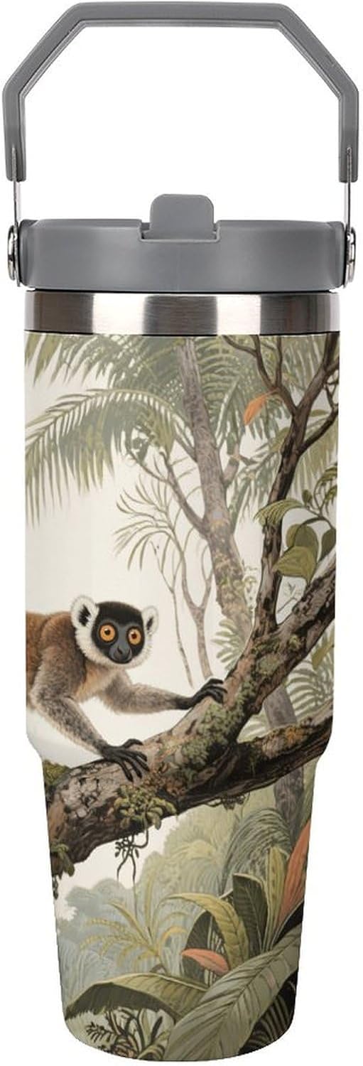 30 Oz Insulated Mug with Handle Lid And Straw Lemurs Jumping on Branches Pattern Large Metal Sports Bottle Great for Gifts Parties Office Coffee